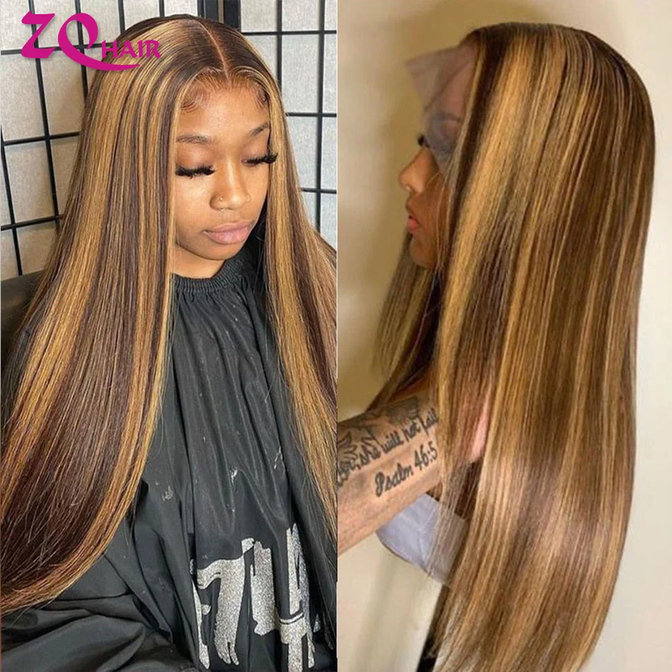 Glueless Highlight Wig Human Hair Straight 13x6 HD Full Lace Frontal Wigs 100% Human Hair Ombre Honey Blonde 13x4 Lace Front Wig