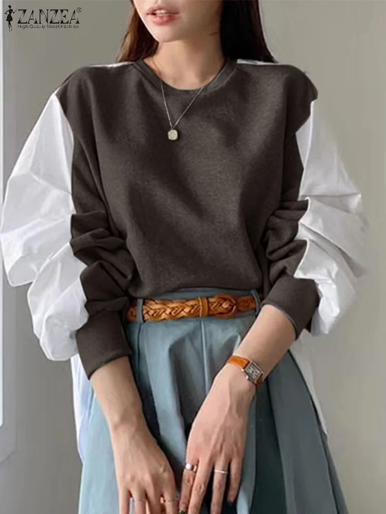 

ZANZEA O-Neck Long Sleeve Pullover 2023 Autumn Color Patchwork Sweatshirts Women Casual Loose Blouse Fashion Knitting Top Korean