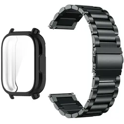 Fashion Set: Full TPU Protective Case with Stainless Steel Metal Strap - Redmi Watch 5 lite (Black)
