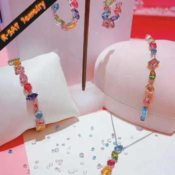 2025 Luxury Geometric Fine Jewelry Sets Original Pink Candy Crystal Necklace Earrings Bracelet Ring for Women Wedding Gift 1