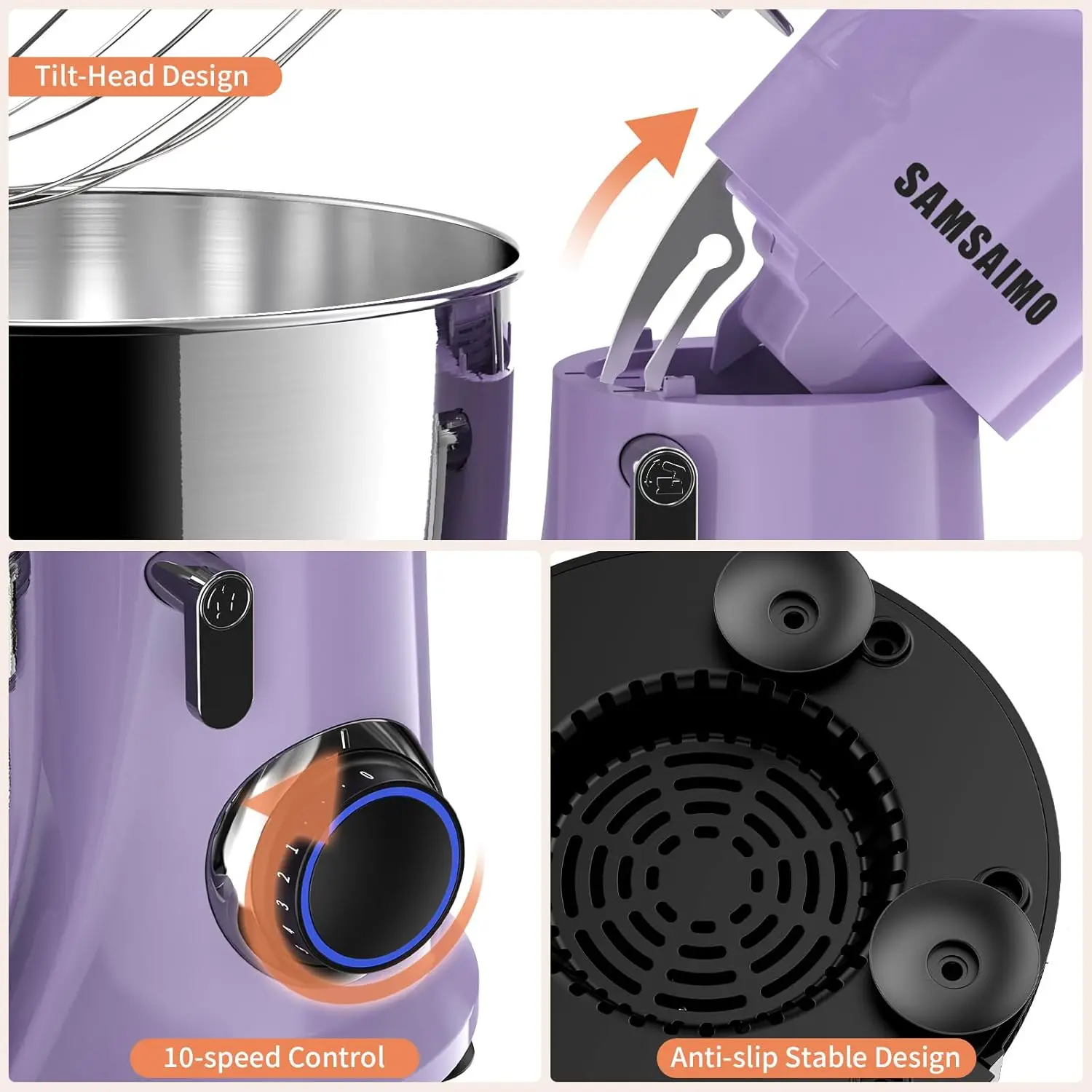 10-Speed With Pulse Button, Attachments include 6QT Bowl, Dough Hook, Beater, Whisk for Most Home Cooks, Vine Purple 4