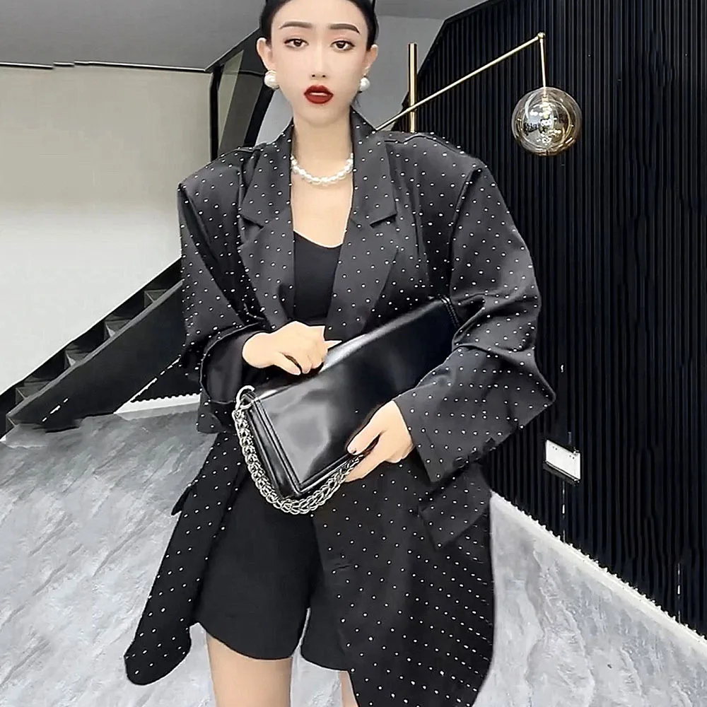 

Spring Fashion Satin Blazers Women Chic Casual Long Sleeve Hot Diamond Loose Sunscreen Suit Coat Shoulder-padded Female Jacket