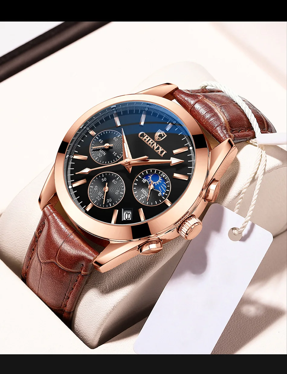 Antique Men Quartz Watch Movement New Fashion Chronograph Holiday Gift Top Quality Luxury Brand CHENXI Leather Wristwatch Reloj
