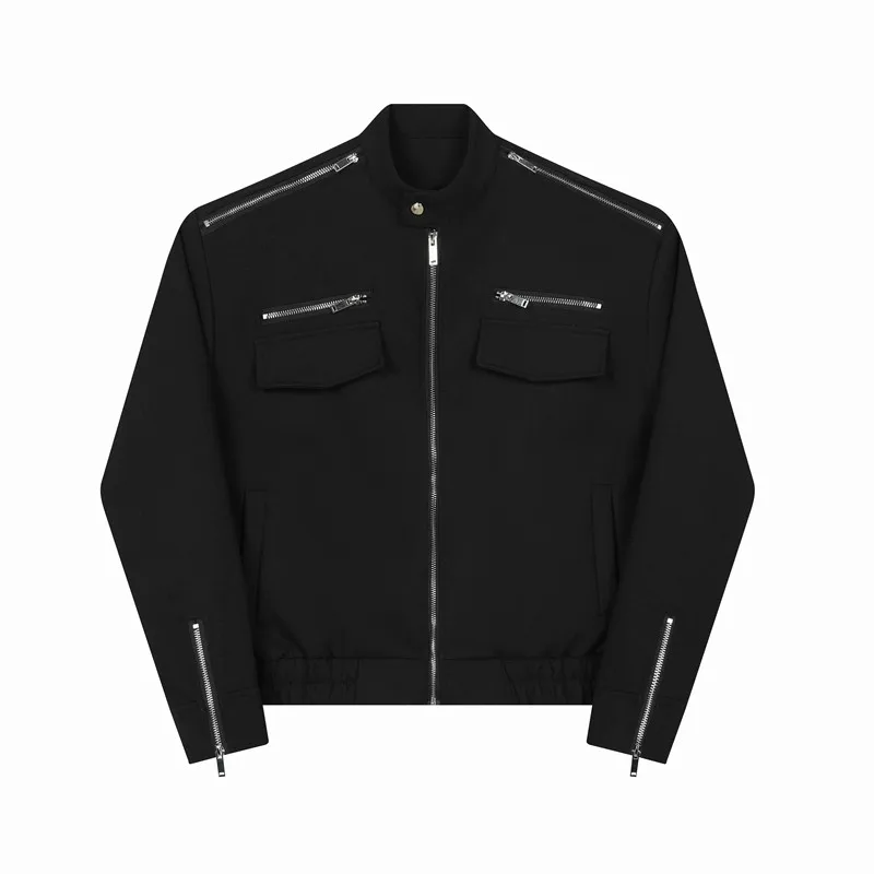 Fashion 2024 Early Spring New Men's Metal Zipper Jacket Pocket Stand Collar Slimming Jacket Long Sleeve Solid Color Coats