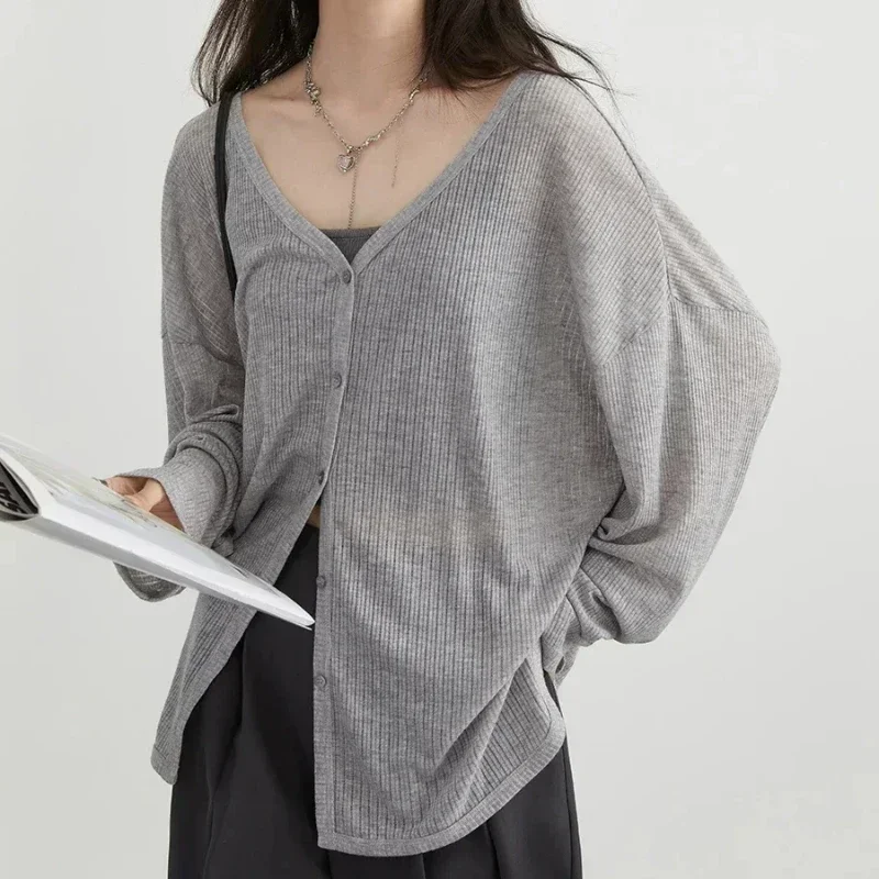 Women's Cardigan New V-neck Long Sleeved Female Shirt Female Jumpers Sun Protection Woman Top Spring Summer Knitted Cardigan 1