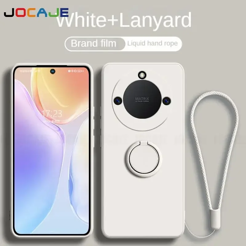 Liquid Silicone Ring Stand Phone Case with Lanyard and Magnetic Soft Cover