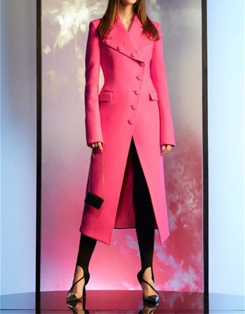 

Designer Pink Women Suits Blazer Overcoat Woolen Winter Long Jacket With Buttons Custom Made 1 Pcs Thick Outfit Trench Coat