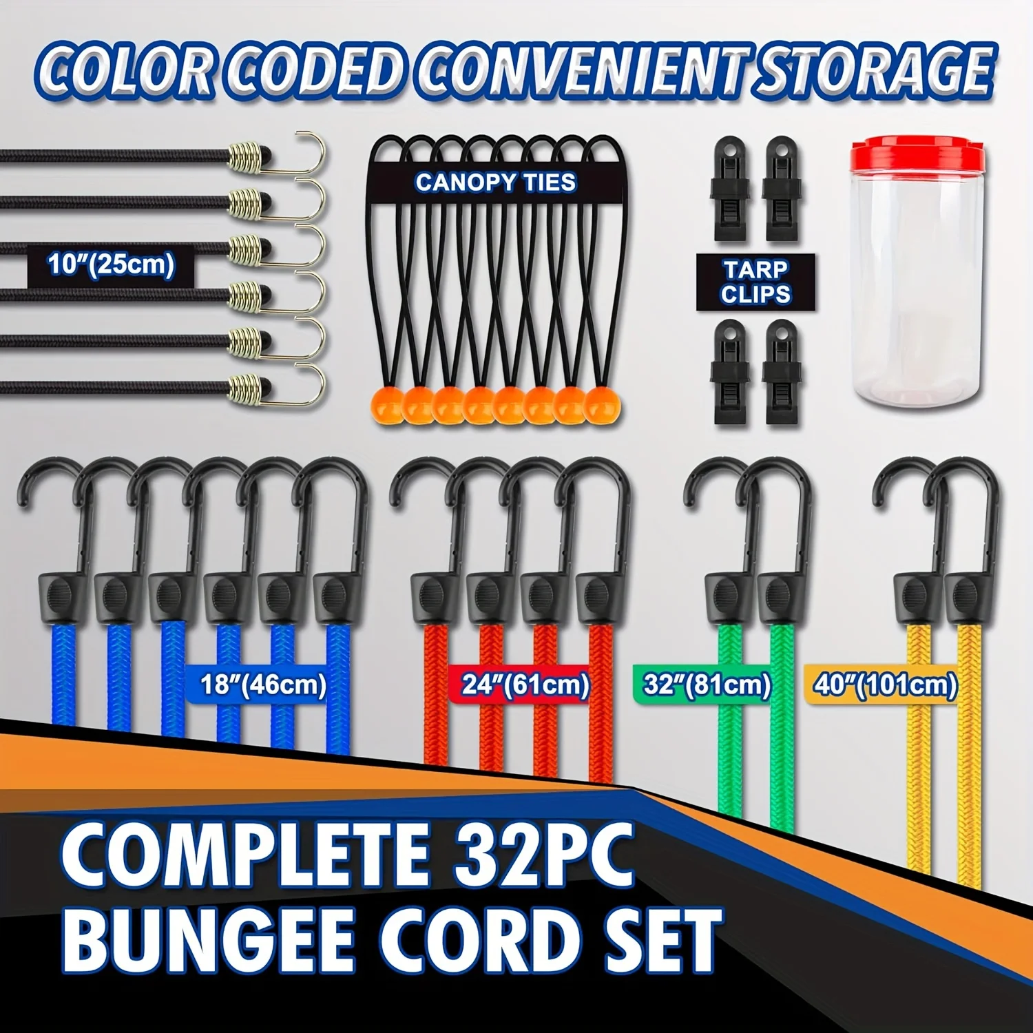 32 pcs Bungee Cords Assortment Jar Includes 10" 18" 24" 32" 40" Bungee Cord With Hooks, 8" Canopy Tarp Ball Ties And Tarp Clips