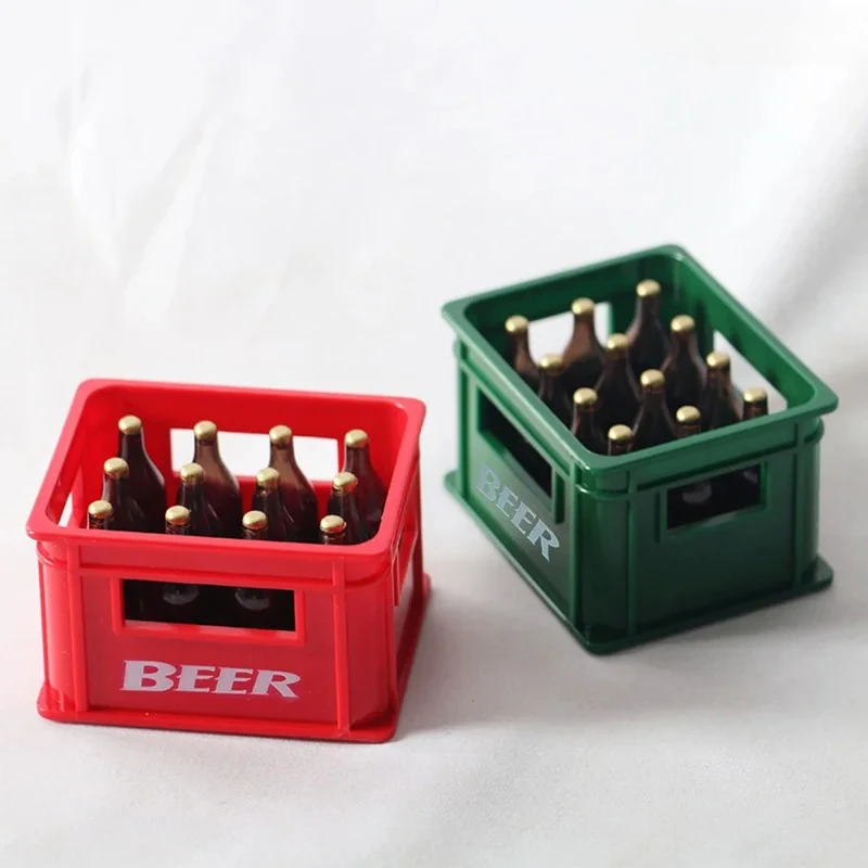 Mini Dollhouse Beer Resin Frame Storage Basket With 12 Bottles Simulation Drink Beer Model DIY Doll Accessories Small ornament