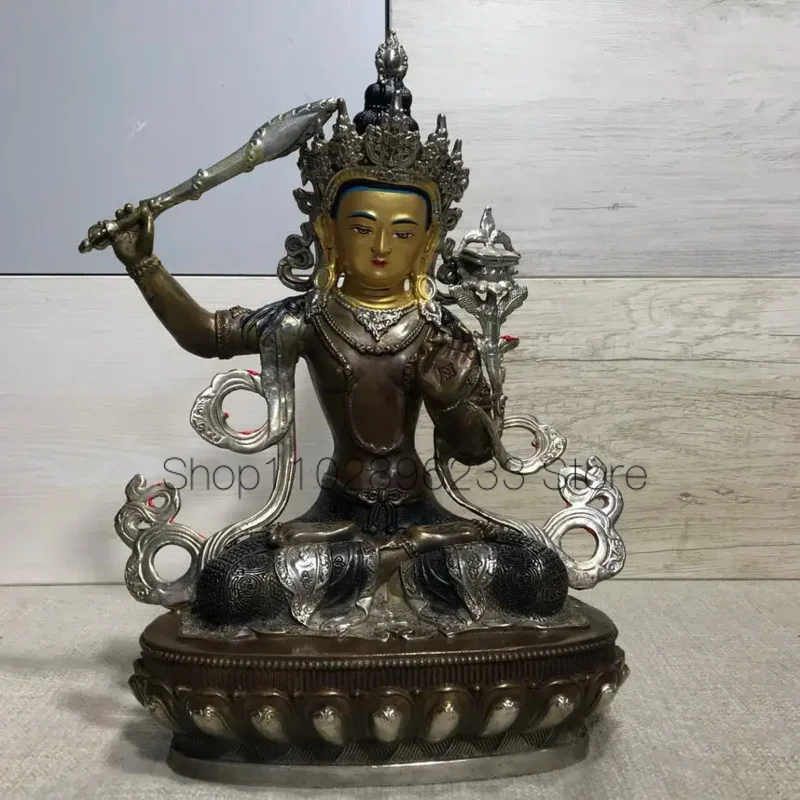 

7 inch Manjushri Bodhisattva Buddha Elephant Tibetan Tantric Gilt-Silver Pure Copper Manjushri Bodhisattva Ornament