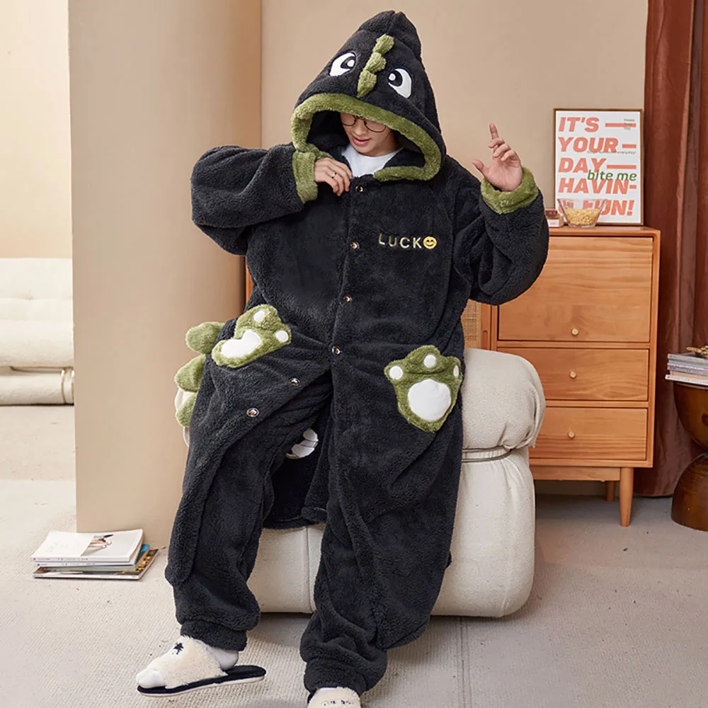 5XL Big Size Mens Long Sleeping Shower Robe+Cartoon Dinosaur Plush Pyjama Pants Winter Thicken Flannel Warm Hooded Bathrobe Sets men pyjamas