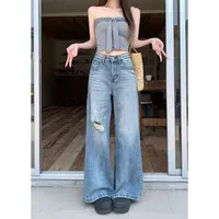 Plus Size High Waist Blue Ripped Denim Jeans Women's Spring Summer Loose Wide Leg Straight Cut Trousers Fresh Sweet Style