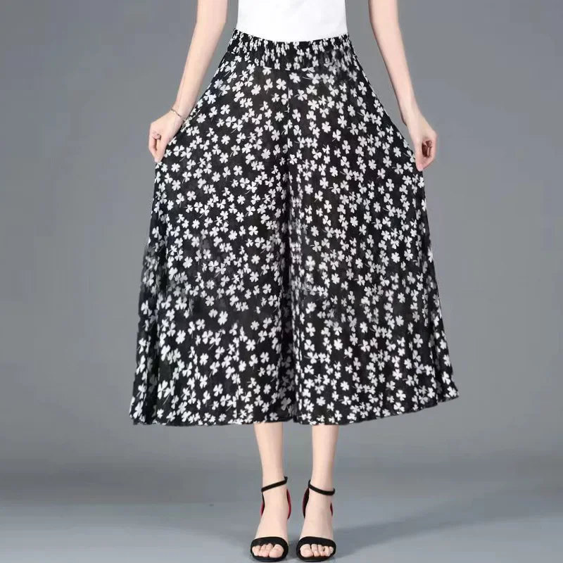 Middle Aged Women's High Waisted Trousers Loose Casual Wide Leg Pants Elastic Waist Oversized Skirt Pants Women Vintage Clothes