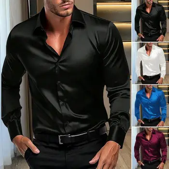 Camicia a maniche lunghe da uomo formale autunno e inverno Lussuosa seta ghiacciata casual da lavoro in tinta unita antirughe e non stira 1