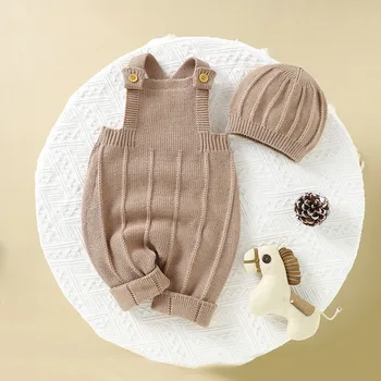 Autumn And Winter Infants Toddlers Solid Color Jumpsuit Baby Clothing Climbing Suit With Hat Knitted Suit Clothes For 0-18Months 3