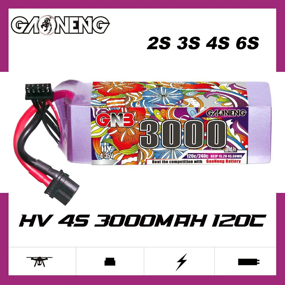 

GAONENG GNB 3000mAh 120C 2S 7,6 V 3S 11,4 V 4S 15,2 V 6S 22,8 V Φ Weight LiHV Battery XT60 Plug для радиоуправляемого вертолета FPV дрона автомобиля