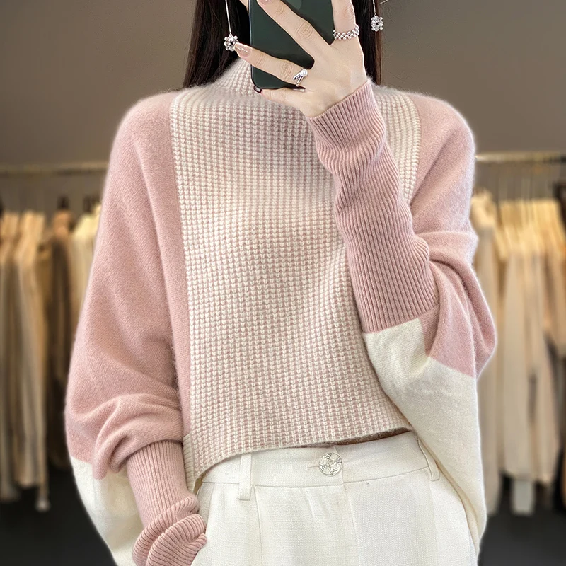 

2023 Fall Winter New Sweater Women's Half High Neck Long Sleeve Pullover Fashion Paneled 100% Pure Wool Loose Lazy Wind Knitwear