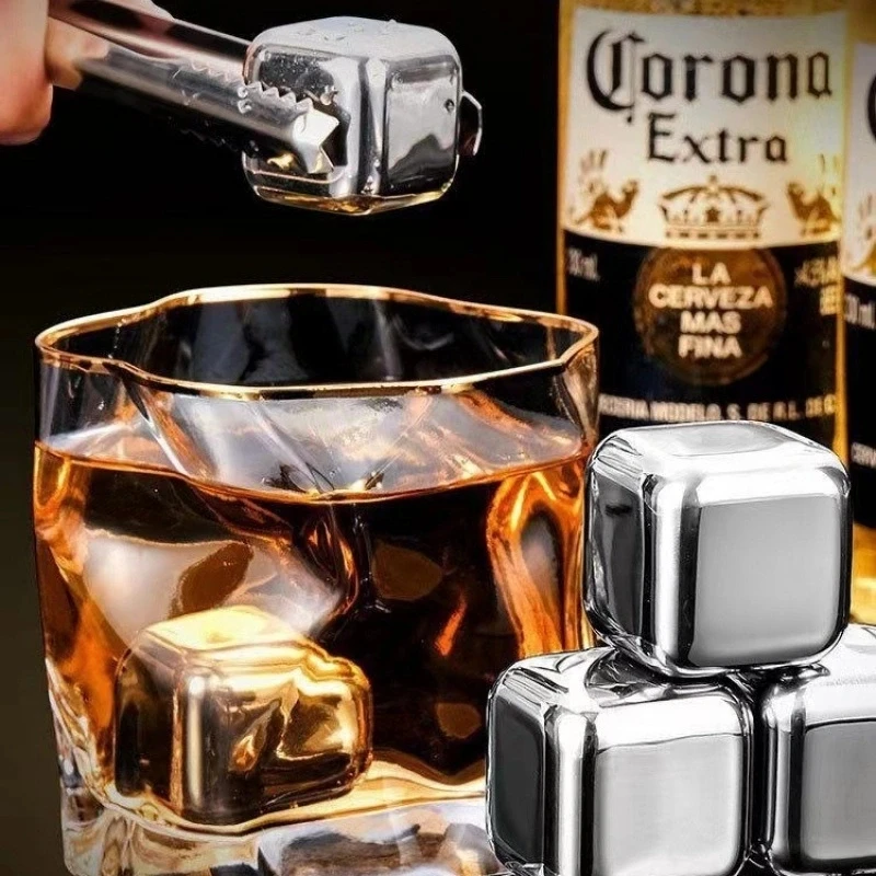 4-6-8pcs stainless steel frozen ice cubes, household metal ice cubes, summer must-have artifact with clips, whiskey