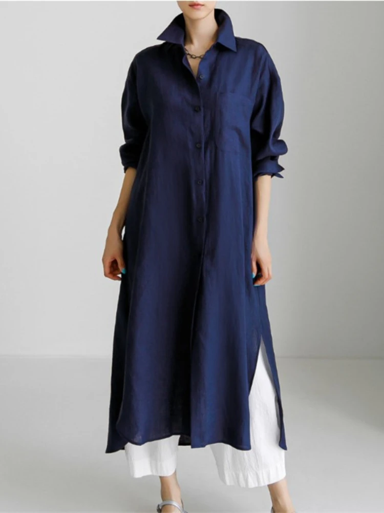 City Sleek Single Breasted Long Sleeve Warp Slit Shirt Maxi Dress main image 1