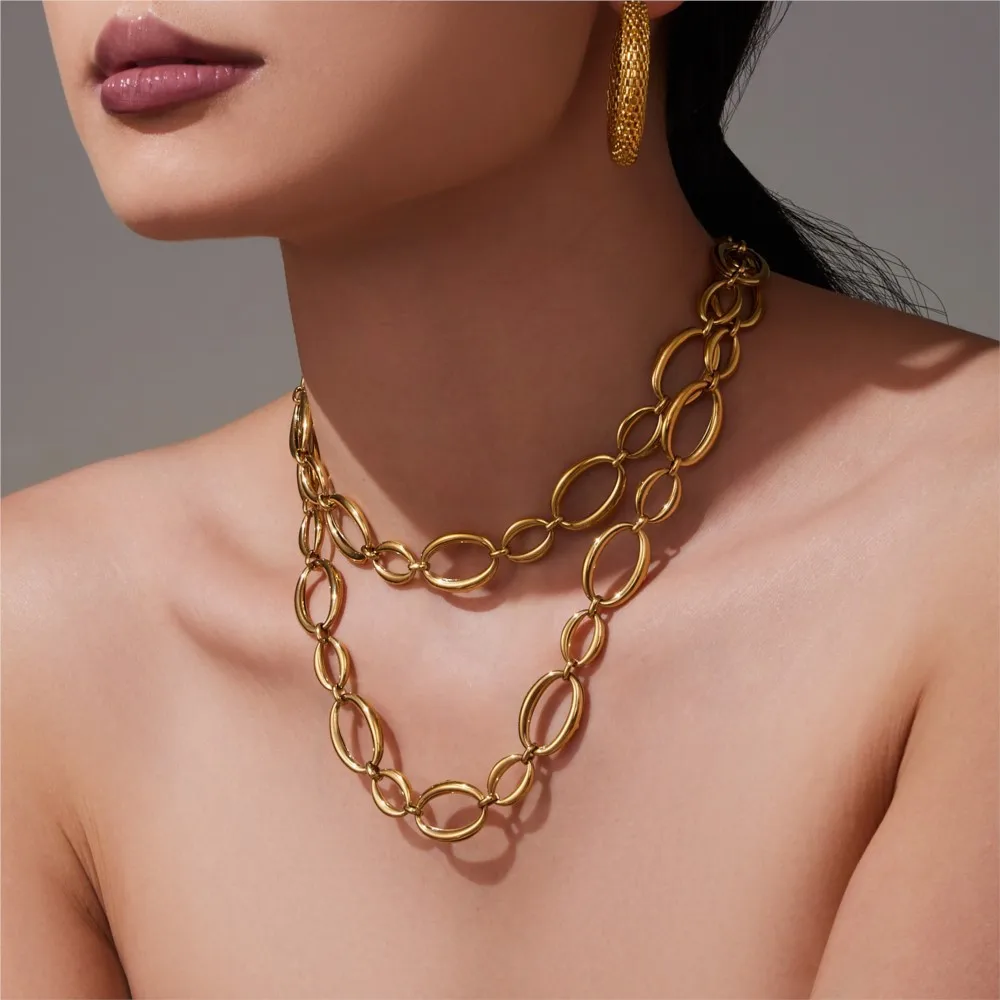 Elegant Two-Tone Stainless Steel Necklace and Bracelet Set - 18k Gold Plated Chunky Chain Jewelry