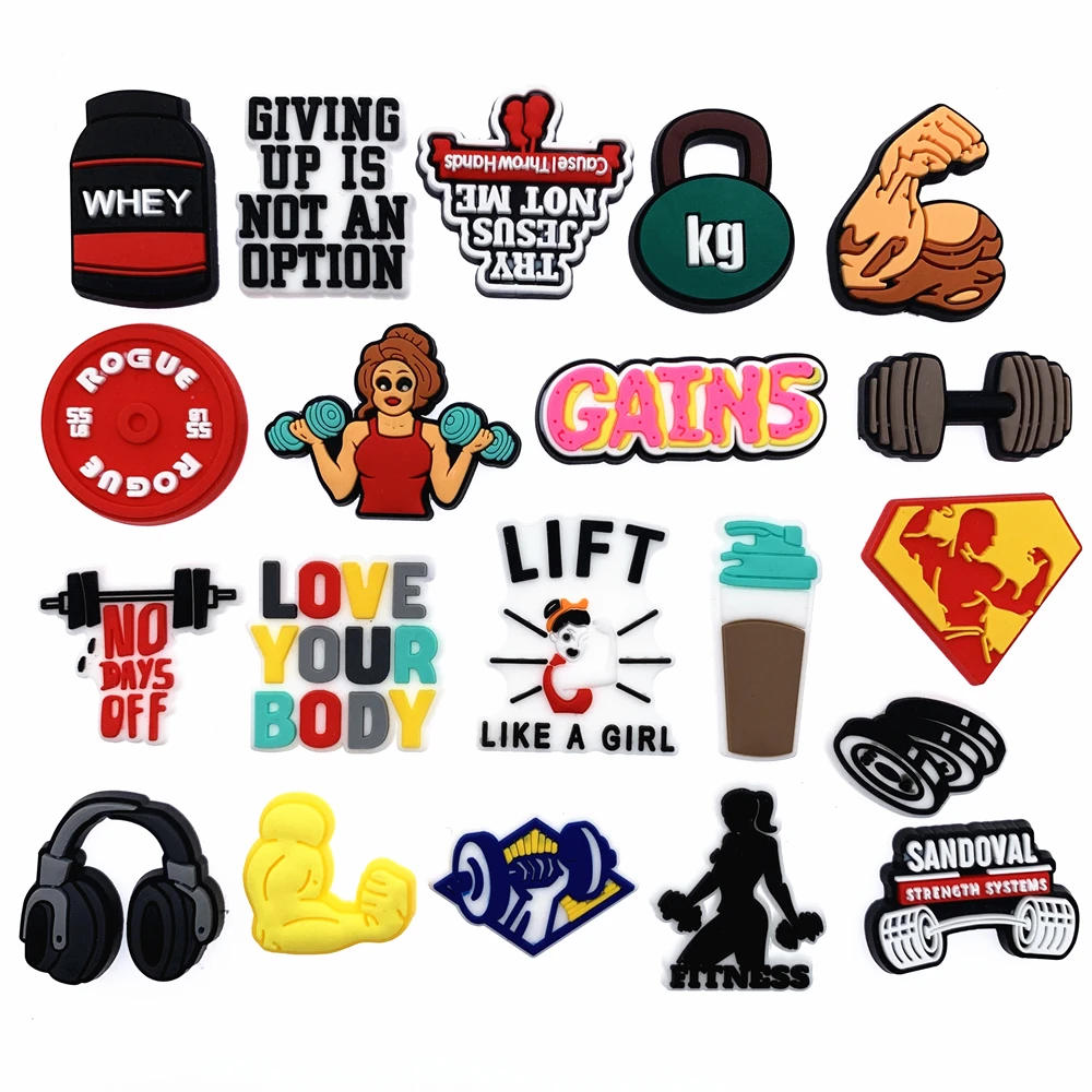 1PCS Cartoon Fitness Series Shoe Charms Dumbbell Lovely Shoe Accessories DIY GYM Fashion Garden Slipper Decor Party Gifts shoe charms,shoe decorations,garden shoe accessories