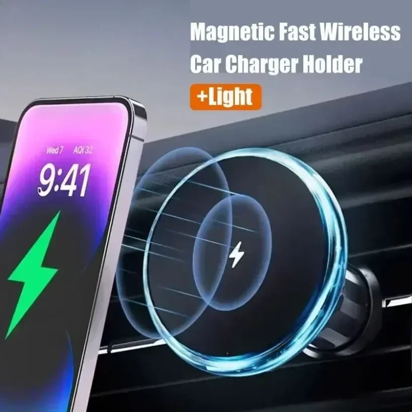 LED 자동차 마그네틱 무선 충전기 에어벤트 폰 홀더 스탠드 (Magsafe 아이폰 17 16 15 14 13 12 Pro Max 고속 충전 스테이션)