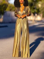 Yeezzi Women Fashion Shiny Sexy Deep V-neck Wide Leg Prom Jumpsuits 2025 New Spring Summer Solid Color High Street Outfits