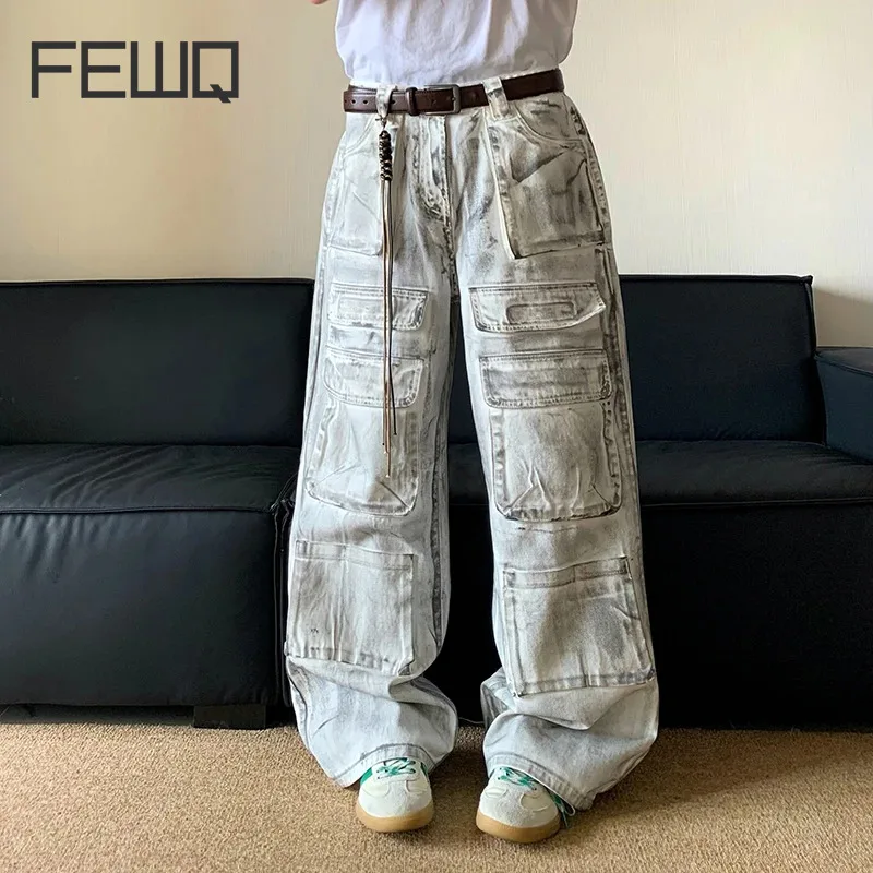 

FEWQ American Style Multi Pocket Straight Workwear Jeans Men High Street Wide Leg Pants 2024 Vintage Male Trousers 24E1021