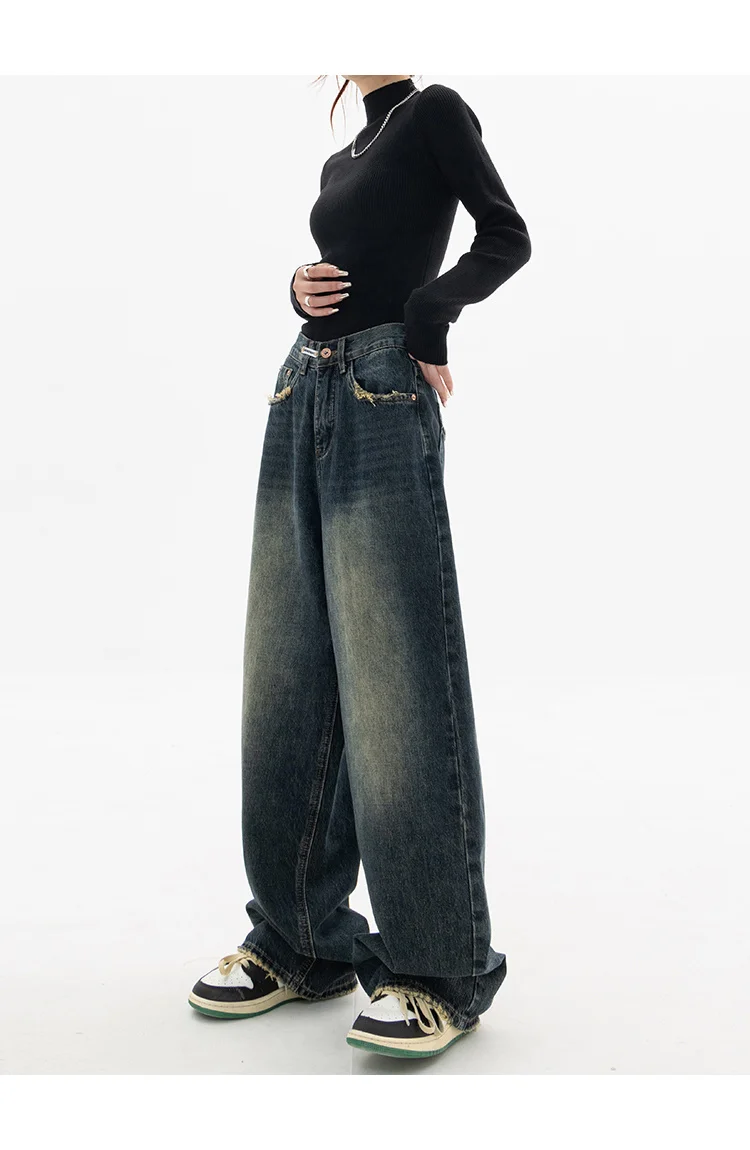 Vintage BF Style High Waist Women's Jeans: Streetwear Loose Wide Leg Denim Trousers - true deals club