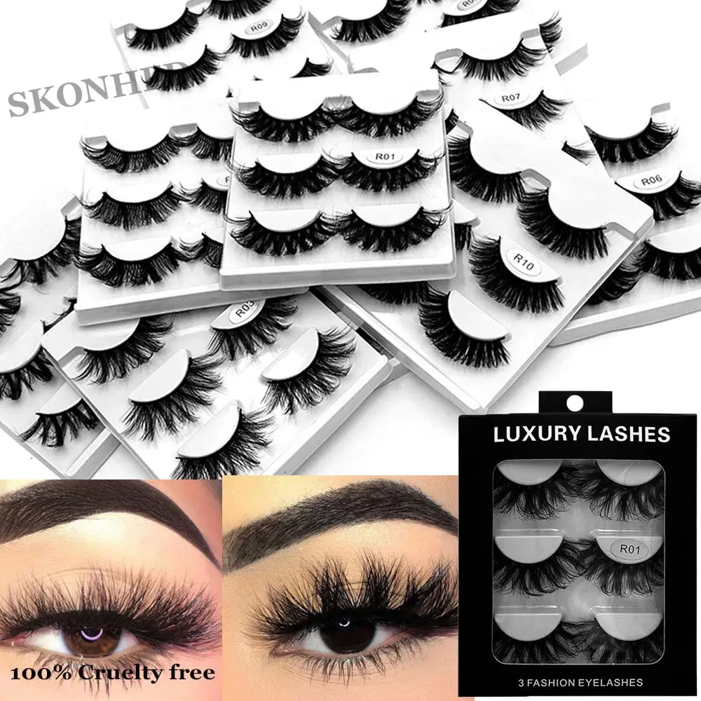 

SKONHED 3Pairs Eye Makeup Tools Handmade Long Natural 100% Cruelty free 3D Mink Lashes False Eyelashes 20mm Fluffy