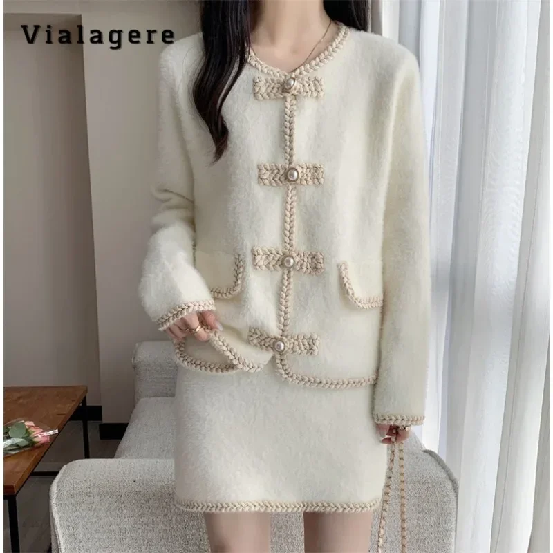 

2023 Winter Elegant Sexy Warm 2 Piece Set Women Round Neck Single Breasted Cardigans + A-line Skirt Luxury Two Piece Skirt Set