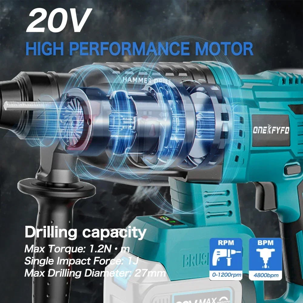 Cordless Electric Drill Rotary Hammer Drill Demolition Rechargeable Hammer Power Tool for Makita 18V Battery (No Battery) 5