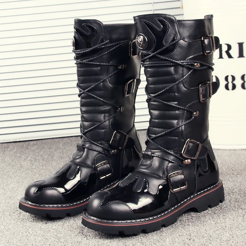 

men's fashion stage nightclub dress high top knight boots black red soft leather shoes handsome long boot cowboy botas masculina