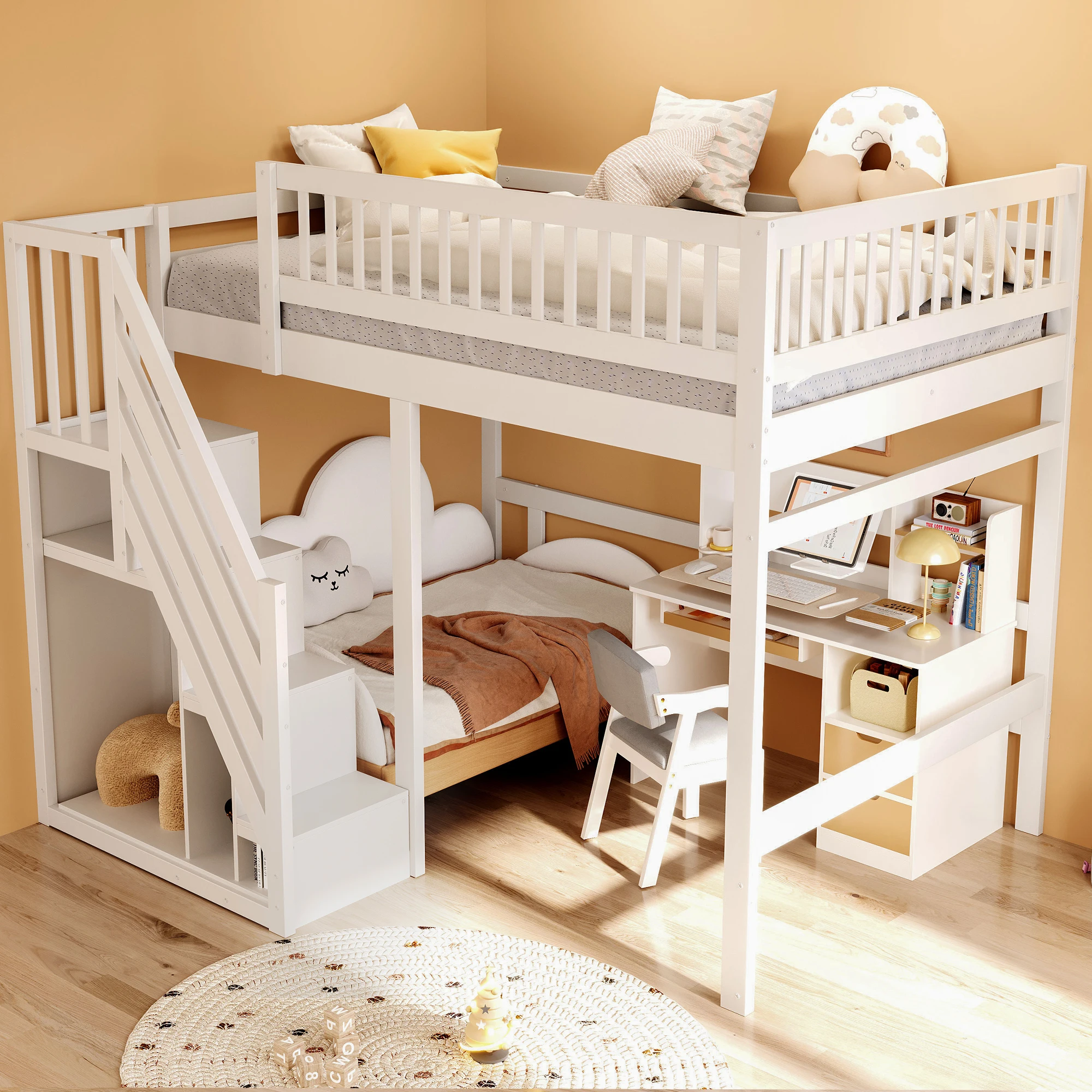 KOMHTOM Massivholzbettgestell mit Treppe inklusive Stauschrank und hohem Geländer geeignet als Kinderbett oder Jugendbett – Detail 3