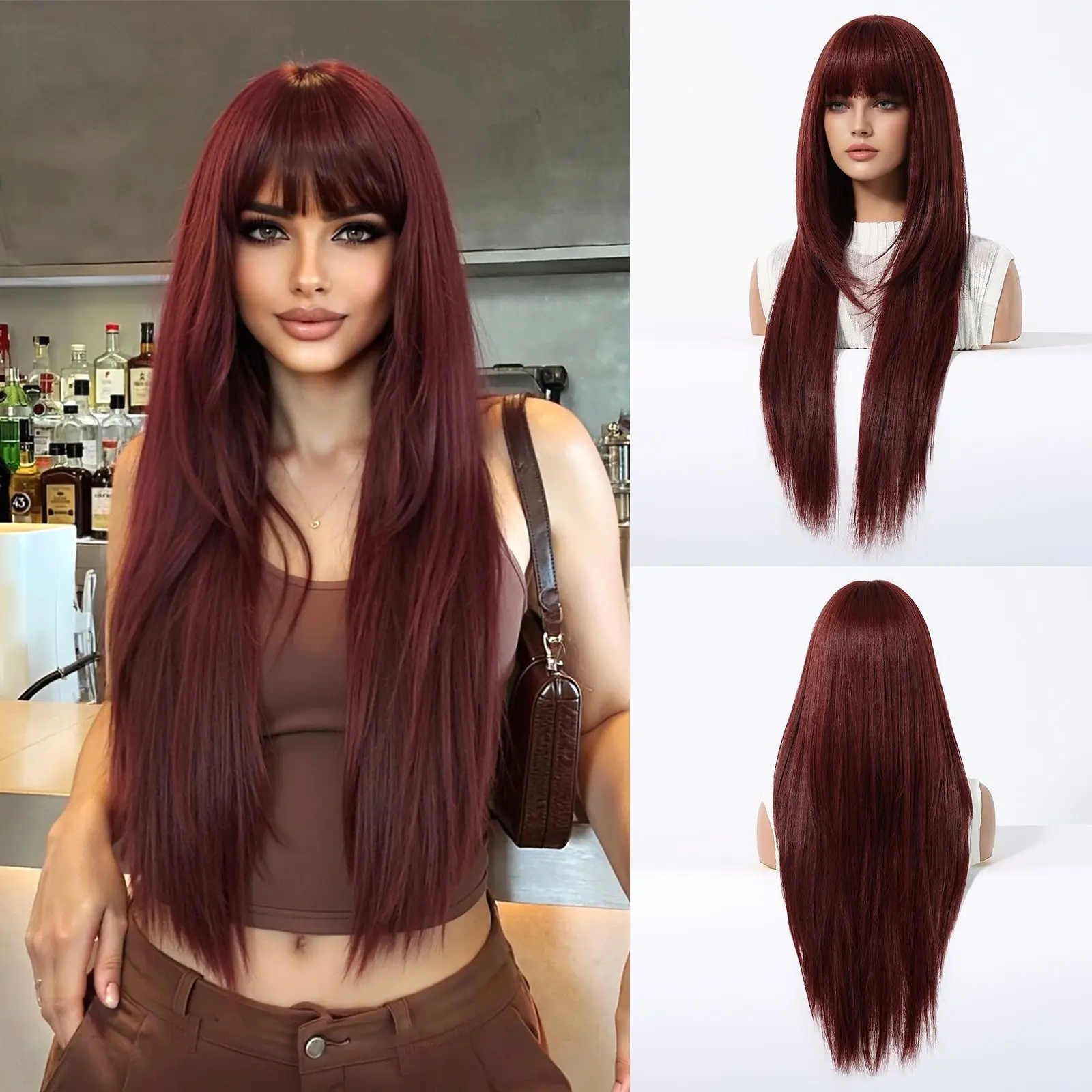 Blonde braune Ombre-Synthetik-Perücken, lange, gerade, geschichtete Perücke mit Pony für weiße Frauen, Cosplay, natürliches Kunsthaar, hitzebeständig – Detail 9