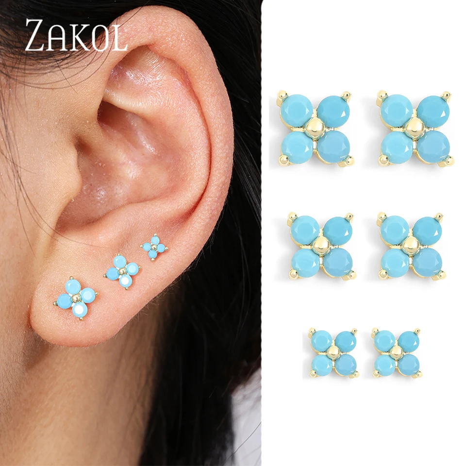 nicoloDavid Olive Accessories 花柄スタッズ ZAKOL New 6 Pcs Turquoise Small Flower CZ Stud Earrings for
