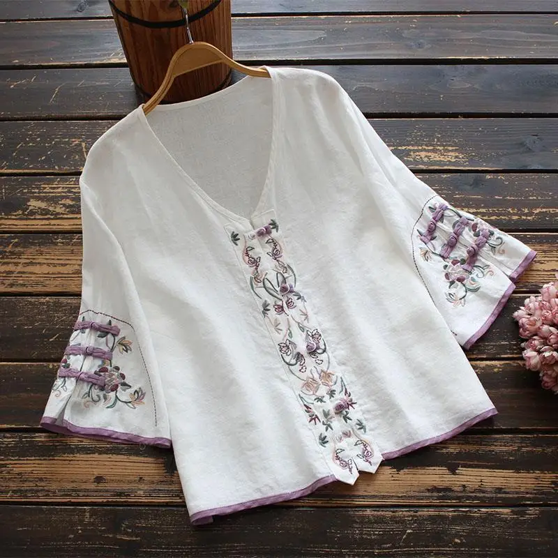 Women Chinese Shirt Traditional Embroidery Cheongsam Hanfu Loose T-shirt Thin Vintage