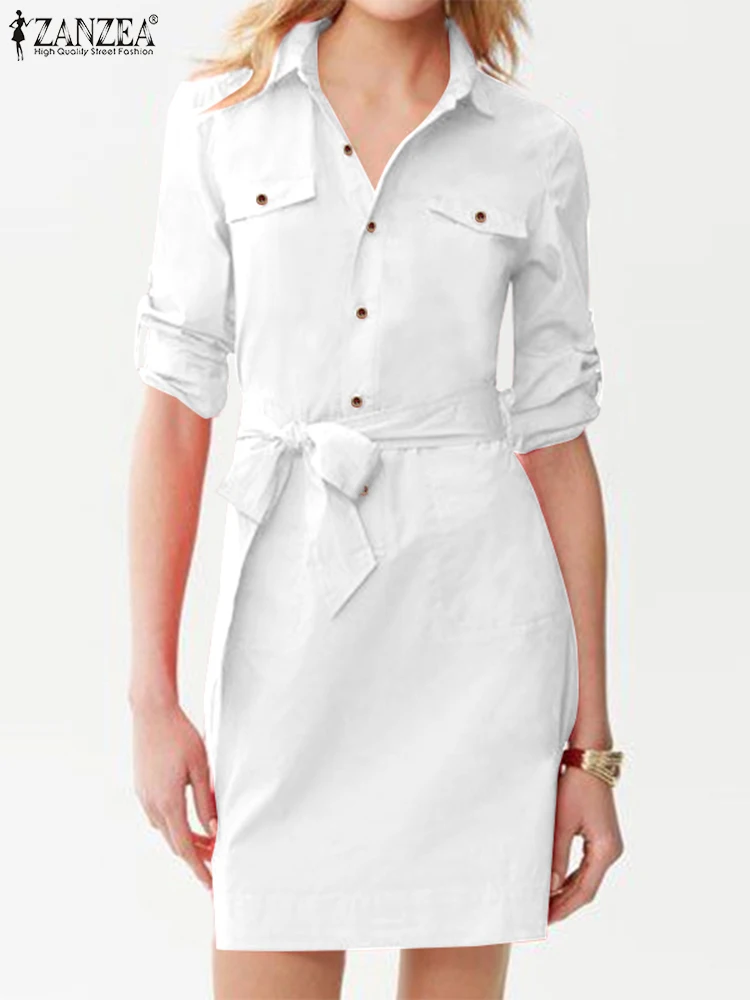 

Женский короткий сарафан ZANZEA с отложным воротником, модное однотонное платье-рубашка, праздничные халаты на пуговицах и талии, винтажные офисные платья