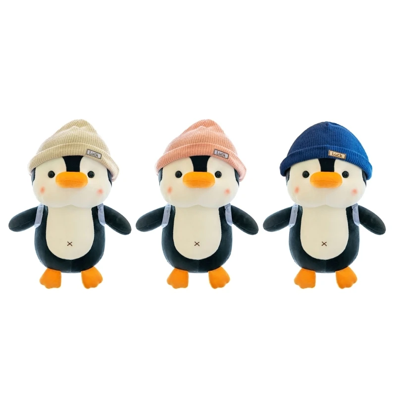 

D7WF Plush Penguin Cute Fluffy Stuffed Animal with Hat & Backpack 9 Inch Height Sleeping Aids Dolls Gifts for Boys Girls