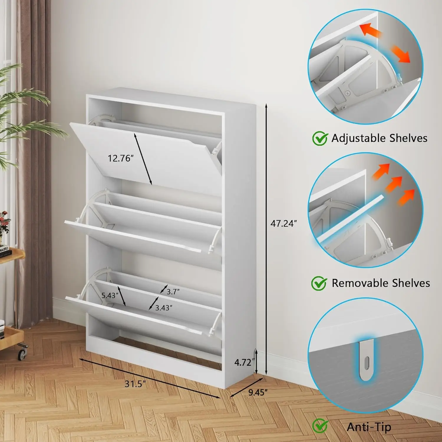 Shoe Cabinet with 3 Flip Drawers, Hidden Wood Shoe Cabinet,Freestanding Shoe Storage Cabinet for Entryway Hallway.White