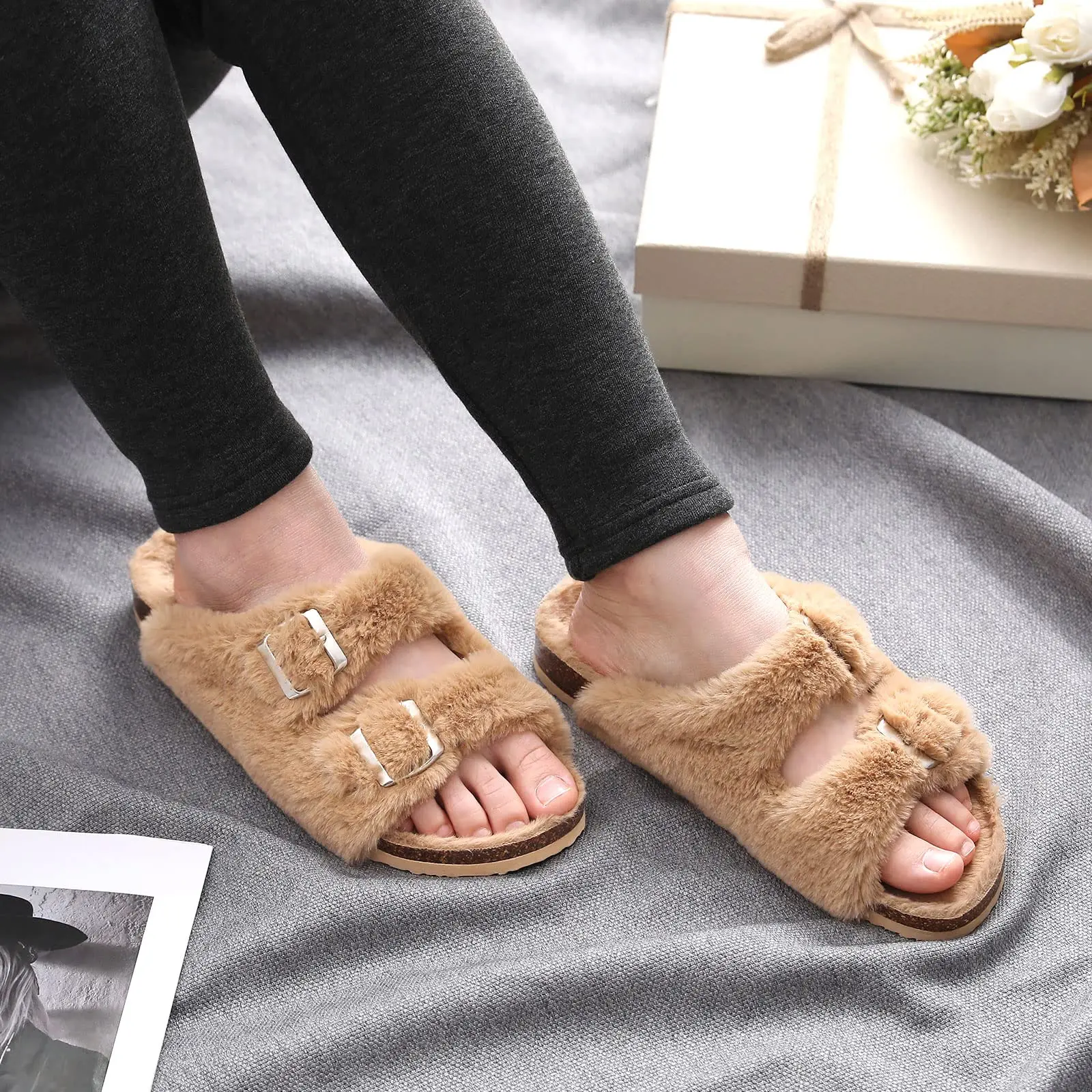 Crestar Women Fuzzy Slippers with Cork Footbed Fluffy Slide Sandals Open Toe Indoor House Shoes Arch Support Adjustable Slippers 3