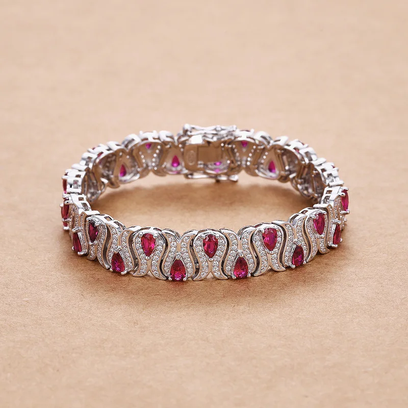 Lycfn 3*5mm Emerald Ruby Gem Sparkle Bracelet 100% 925 Sterling Sliver for Women Grils Plated Bangle Pulseras Jewelry