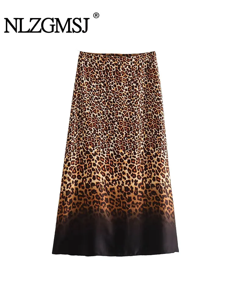 

Nlzgmsj TRAF 2023 Autumn Women Leopard Print Long Skirt Ladies Sexy High Waist Split A-line Madi Skirt Fashion Streets Ladies