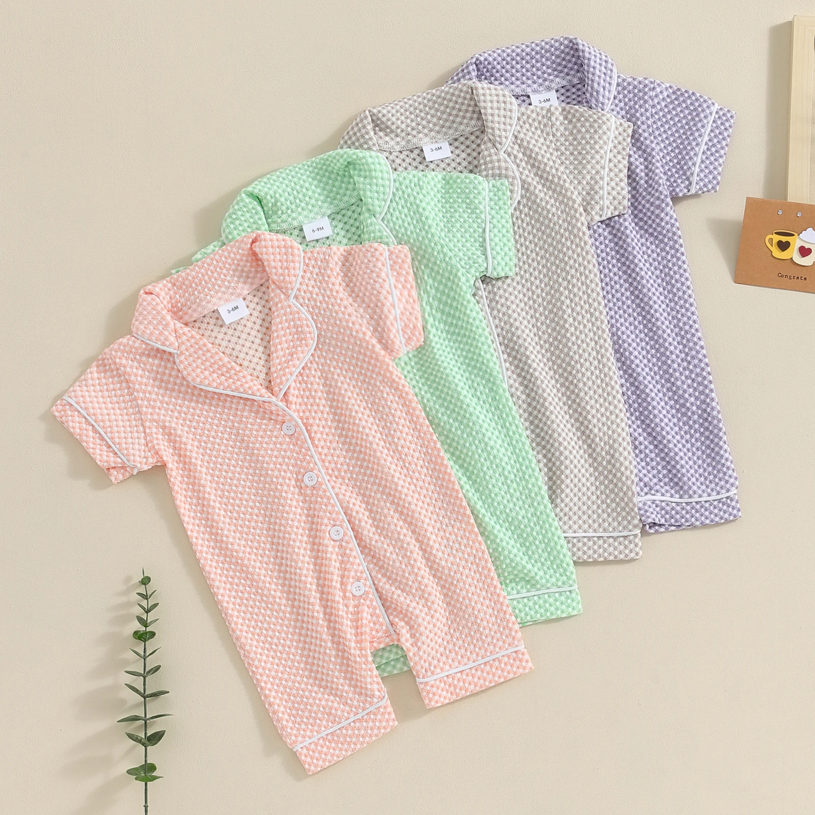 Pudcoco Infant Newborn Baby Boys Girls Jumpsuits Short Sleeve Lapel Collar Button Down Textured Rompers Newborn Pajamas 0-18M