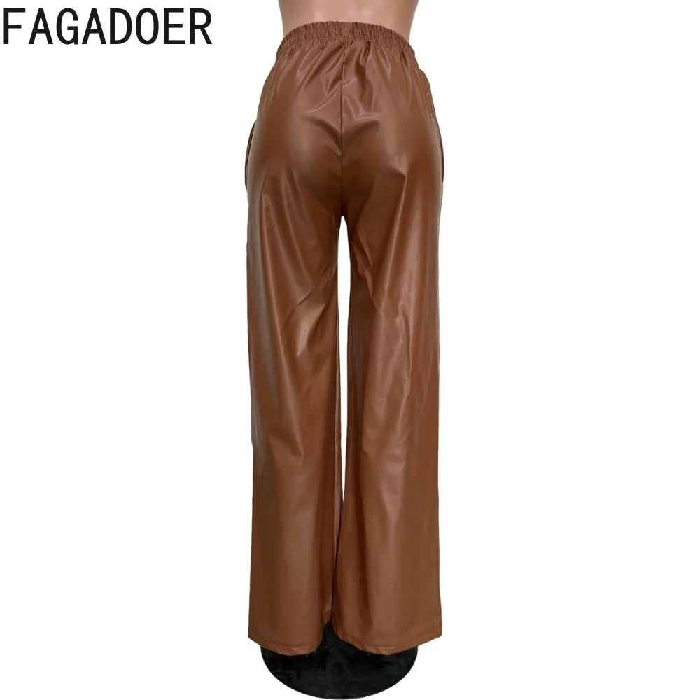 FAGADOER Fashion PU Leather Wide Leg Pants Women High Waisted Elasticity Trousers Casual Female Solid Color Pocket Bottoms 2023
