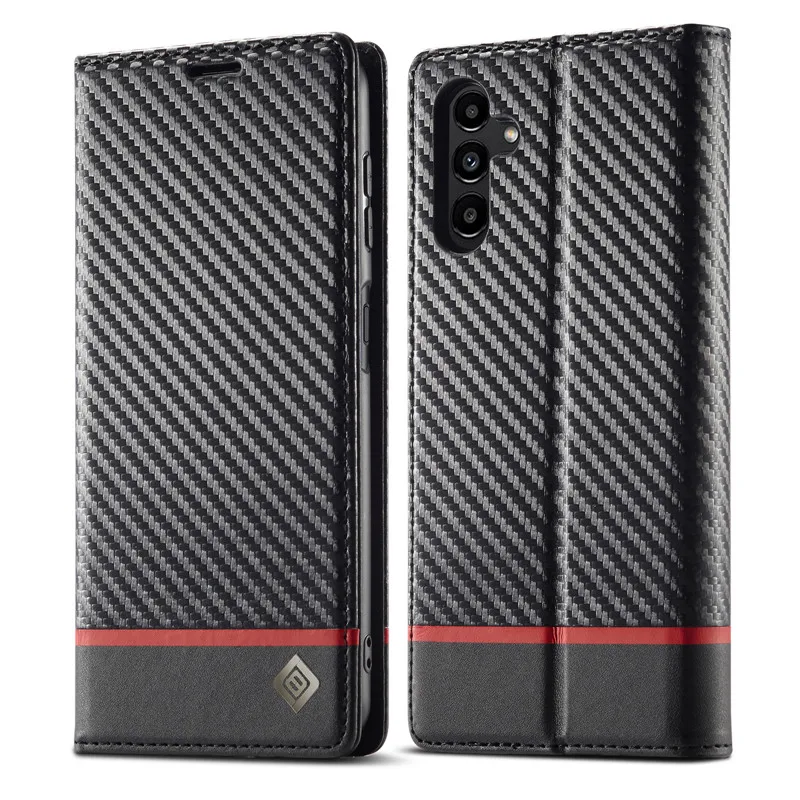 Stylish Carbon Fiber Magnetic Wallet Case with Leather Flip Cover