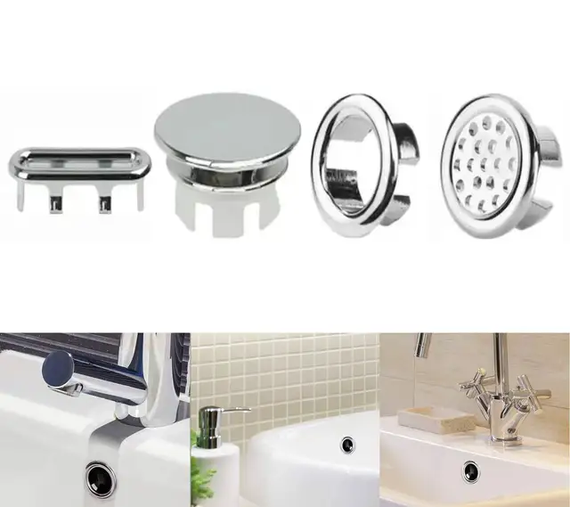 4pcs Basin Sink Round Tidy Trim Chrome Overflow Cover Rings Hole Hollow Ring Replacement Ceramic Pots for Home Bathroom Kitchen