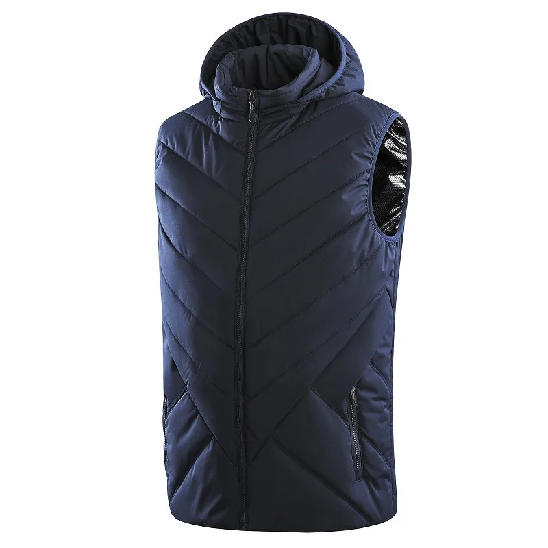 A men's dark blue heated vest with heat settings.