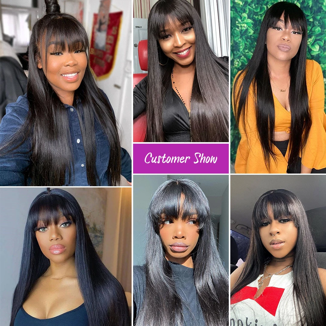 Silky Straight Human Hair Wigs With Bangs Glueless Wig Human  display picture 2