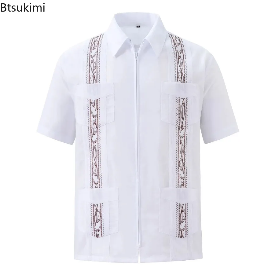 Zipper Men's Guayabera Shirts Clothing Four Pocket Embroidered Traditional Short Sleeve Shirts For Men Mexican Cuban casual short sleeved shirt short sleeved shirt
